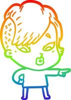 rainbow gradient line drawing cartoon surprised girl pointing vector