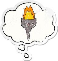 cartoon flaming chalice and thought bubble as a distressed worn sticker