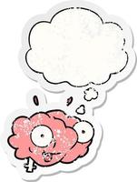 funny cartoon brain and thought bubble as a distressed worn sticker vector