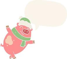 cartoon pig wearing christmas hat and speech bubble in retro style vector