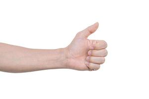 Closeup of male hand showing thumbs sign isolated on white background with clipping path. photo