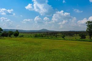 Green grass field and blue sky clouds background. Countryside landscape. photo
