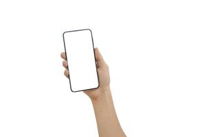 Male hand holding smart phone with white blank empty screen isolated on white background include clipping path. Using for mockup, browsing or social media, application. Technology Concept. photo