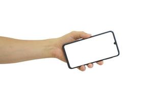 Male hand holding mobile smartphone with blank screen isolated on white background. clipping path include photo