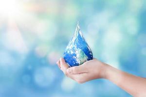 Hands holding global in drop shape on blurred nature background. World day for water and sustain for earth concept. Elements of this image furnished by NASA photo
