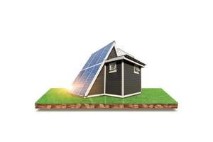 sección transversal de suelo y hogar con panel solar en una isla de hierba verde aislada en fondo blanco. fuente de electricidad alternativa - concepto de recursos sostenibles foto