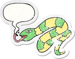 cartoon hissing snake and speech bubble distressed sticker vector