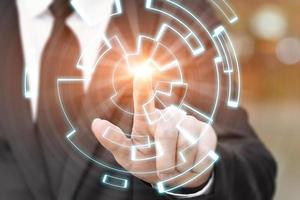 Creating innovative technologies. Business hand touching on data network connection. Science and artificial intelligence technology. Concept of innovation and futuristic. photo
