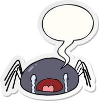 cartoon halloween spider crying and speech bubble sticker vector