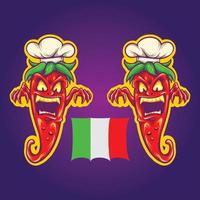 Scary Mexico spicy chilli with chef hat Cartoon Illustrations vector