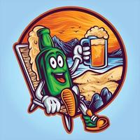 linda mascota de botella de cerveza vintage de verano en las ilustraciones de playa vector