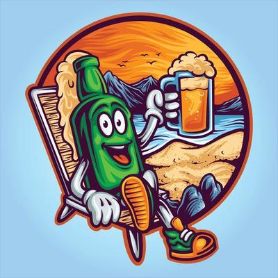 Cute summer vintage beer bottle Mascot in the Beach Illustrations