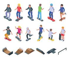 Children skateboarding icons set, isometric style vector