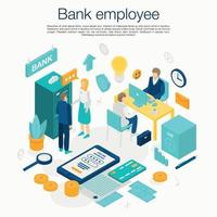 Bank employee service concept background, isometric style vector