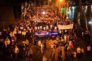 Tbilisi, Georgia , 2022 - Aerial view people march in streets on major EU-pro rally event. Thousands of people on peaceful demonstration event. Pro-Europe rally event in capital city Georgia photo