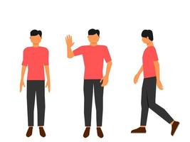 conjunto de un joven caminando y saludando. ilustración vector personaje sin rostro
