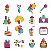 Happy birthday icons set, cartoon style