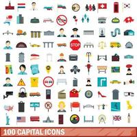 100 capital icons set, flat style vector
