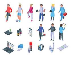Sports doctor icons set isometric vector. Therapy injury