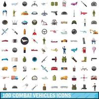 100 combat vehicles icons set, cartoon style vector