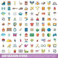 100 season icons set, cartoon style vector