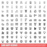 100 art icons set, outline style vector