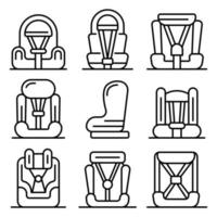 conjunto de iconos de asiento de coche de bebé, estilo de contorno vector