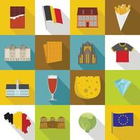 Belgium travel icons set, flat style