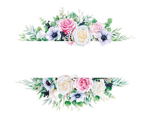 Greenery, white and pink rose with branches frame border on white background. Beautiful template for invite or greeting card, banner. All elements are isolated and editable.