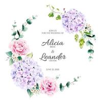 Beautiful Floral and greenery wreath for wedding invitation card on white background. Vector. Pink roses, Hydrangea flower. Watercolour style