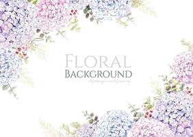 Hydrangea with greenery frame border on white background. Beautiful template for wedding invitation or greeting card, banner. Vector