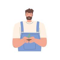 Ecology awareness concept. Plants with soil in farmer's hands vector