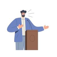 Confident man speaker speaking behind podium. Public speech concept vector
