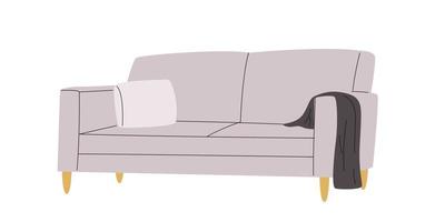 Sofa with wood legs and throw blanket on armrest. Cozy trendy sofa design vector