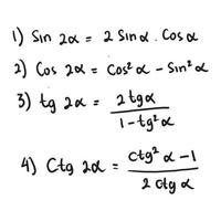 identidades trigonométricas básicas. fórmulas para calcular seno, coseno, tangente, tangente para ángulos dobles. educación superior, matemáticas. texto matemático escrito a mano. vector. eps10 vector