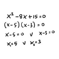 fórmula de la ecuación cuadrática. solución de resolución de ecuaciones cuadráticas. antecedentes. educación, obtener calificaciones, programas de matemáticas de la escuela superior. texto matemático escrito a mano. agrupados y aislados en blanco. vector