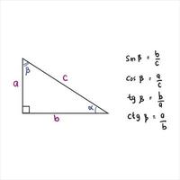 identidades trigonométricas básicas. la fórmula para calcular seno b, coseno b, tangente b, cotangente b. triángulo rectángulo. educación, programas escolares. Matemáticas avanzadas. texto matemático escrito a mano. vector