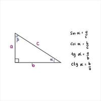 Basic trigonometric identities. The formula for calculating sine A, cosine A, tangent A, cotangent A. Right-angled triangle. Education, school programs. Higher mathematics. Handwritten math text. vector