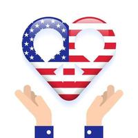 Two hands hold USA Flag Independence Memorial Labor Day Button Heart Peace sign symbol on Hand Caring Star Stripes United States of America Country Isolated Nation 3D Card Icon Vector Illustration