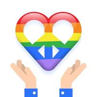 Two Hands Hold Pride Month Rainbow Flag Heart Peace on Hand Isolated Love Peaceful Sign Symbol Care Caring LGBTQIA Equality Concept 3D Card Icon Cartoon Vector Illustration