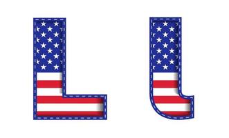 L Alphabet Capital Small Letter USA Independence Memorial Day United States of America Character Font Blue Navy Red Star Stripes  National Flag White Background 3D Paper Cutout  Vector Illustration