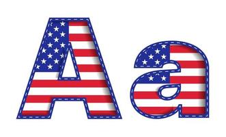 un alfabeto mayúscula minúscula usa independencia memorial día estados unidos de américa carácter fuente azul marino rojo estrella rayas bandera nacional fondo blanco 3d papel recorte vector ilustración
