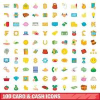 100 card and cash icons set, cartoon style vector