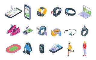 Runner app icons set isometric vector. Chart activity vector