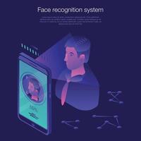 Face recognition system concept banner, isometric style vector