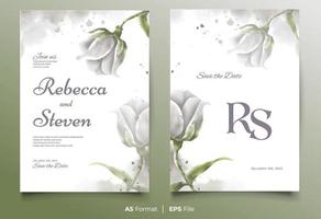 plantilla de invitación de boda de acuarela con adorno de flores blancas y verdes vector