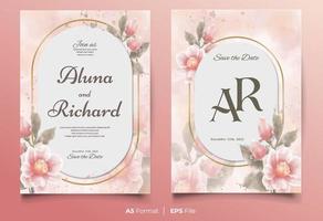 Watercolor wedding invitation template with pink and green flower ornament vector