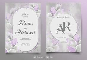 Watercolor wedding invitation template with purple and white leaf ornament vector