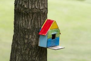 Bird house nesting-box hang on tree trunk photo