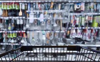 Abstract blurred image of kitchenware on shelves in a supermarket photo